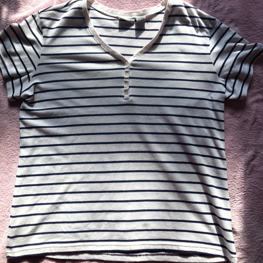 navy blue and white striped short-sleeve tee
